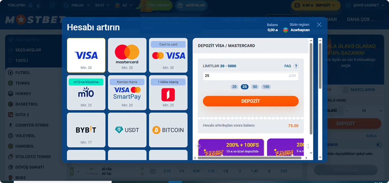 Mostbet şirkətində idman mərcləri üçün hesab artırma seçimləri